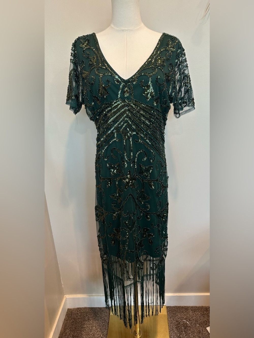 Unique Vintage Green Sequin Fringe Flapper Dress XL NWOT 1920s Gatsby